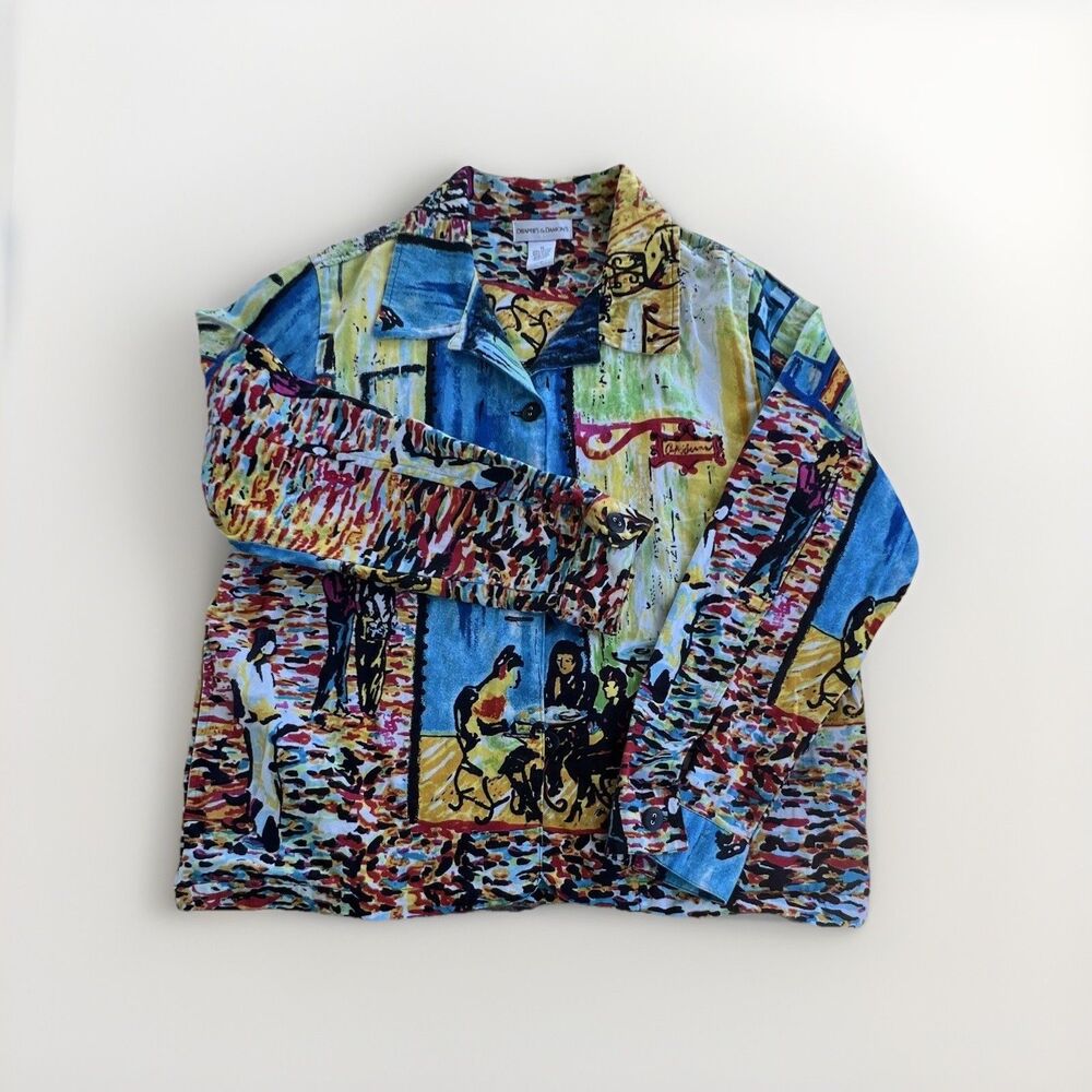 Draper's & Damon's Women's M Abstract Art Multicolor Button-Front Collared Shirt